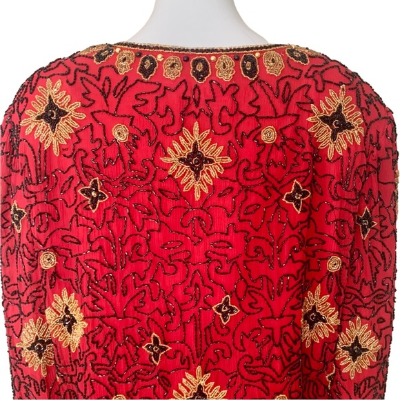 Papell Boutique Evening Vintage 90’s Silk Beaded Jacket Embellished Red Gold 12 - Picture 12 of 16